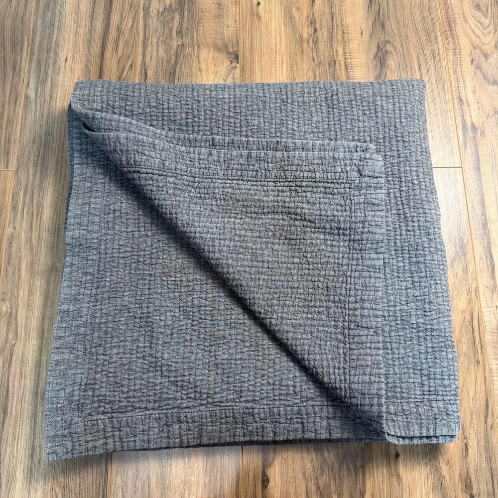 Restoration Hardware Grey Fog WASHED LINEN CHANNEL QUILTED COVERLET Full Queen